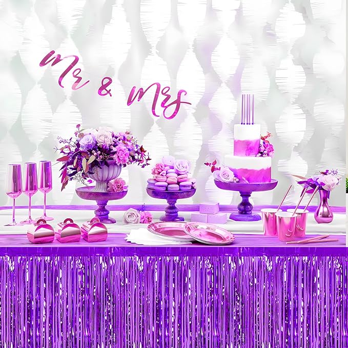 3 Pack 29x108 Inch Purple Foil Fringe Table Skirts Metallic Banner - Image 7