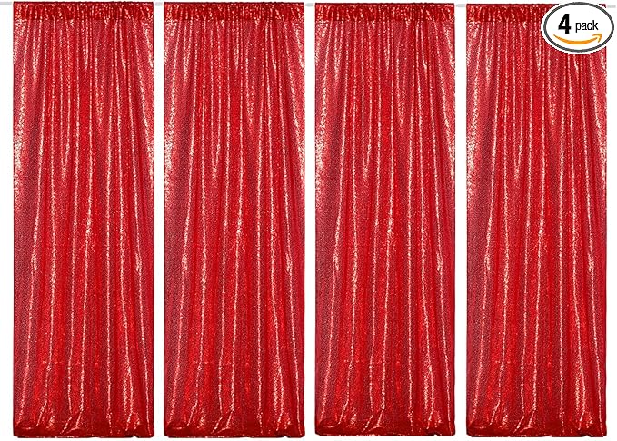 4Pcs 2Ft x 8Ft Red Sequin Backdrop Curtains, Glitter Photography Background by Poise3EHome