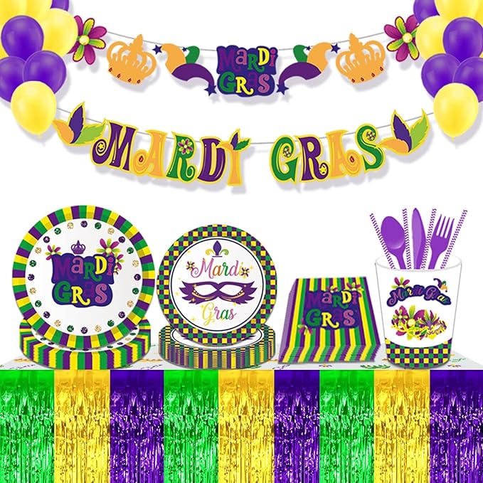 6 Pack 29x108 Inch Mardi Gras Metallic Foil Fringe Tinsel Table Skirts - Image 4