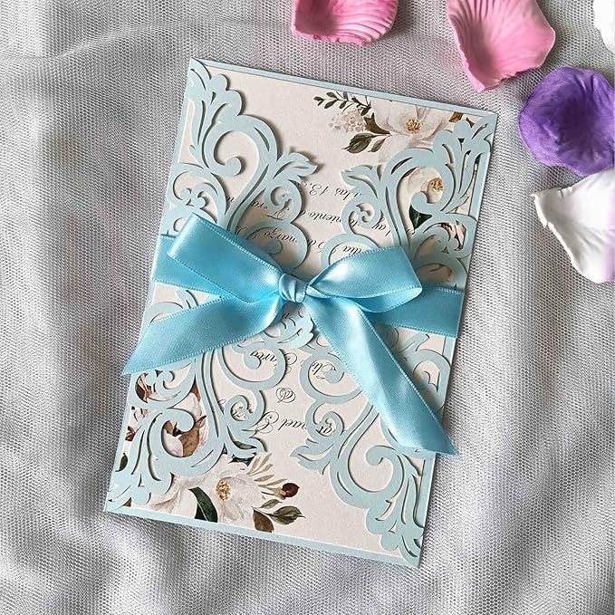 25PCS Light Blue Laser Cut Wedding Invitations Cards - Image 4
