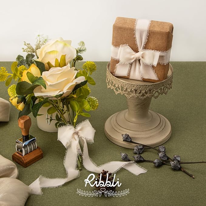 Ribbli Cream White Ribbon 1 Inch x 3 Rolls Total 24 Yards Cream Handmade Fringe - Image 4