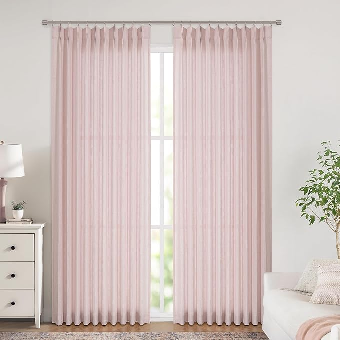 Vision Home Light Pink Pinch Pleated Semi Sheer Curtains Textured Linen Blended - Image 2