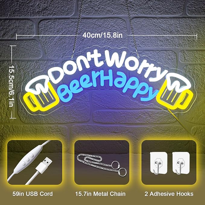 Don't Worry Beer Happy Neon Sign, Bar Sign, Beer Neon Sign, USB Powered - Image 3