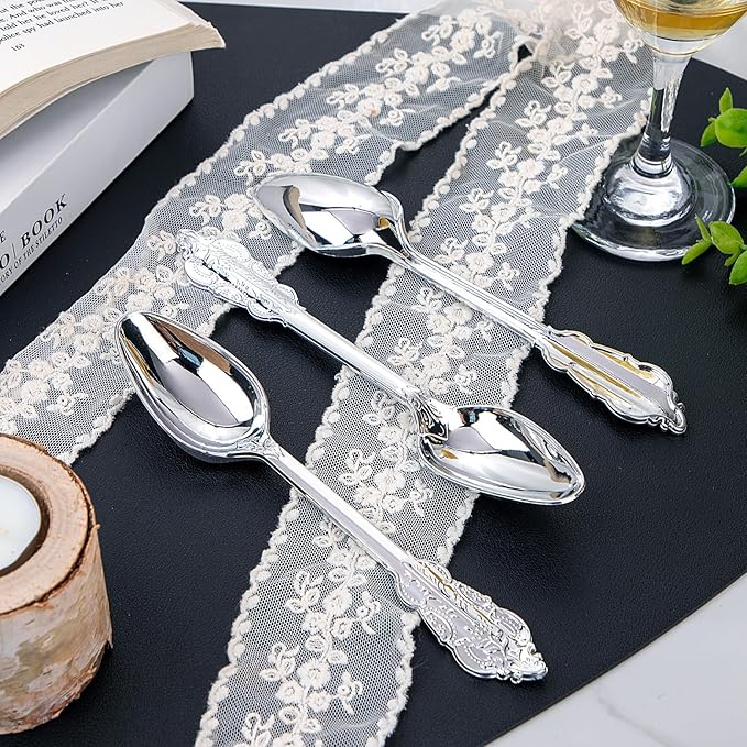 WDF 100 Piece Silver Plastic Spoons Disposable - Image 8