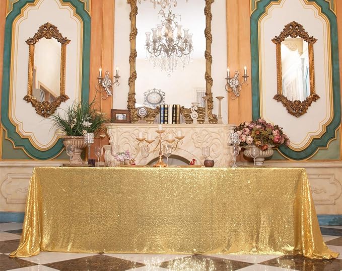SquarePie Sequin Tablecloth 90 x 132 Inch Gold Sparkly Table Cloth - Image 5