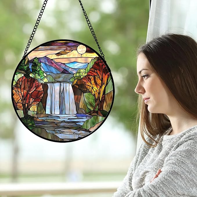 Stained Glass Window Hanging, Abstract Landscape Waterfall Mountains Trees - Image 2