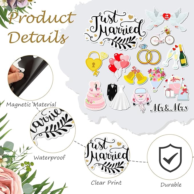 16 Pcs Just Married Car Decorations Include 14 Assorted Ornate Car Magnets Just - Image 6