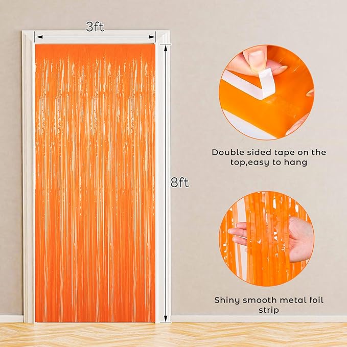 BTSD-home Orange Foil Fringe Curtain, Metallic Photo Booth Backdrop Tinsel Door - Image 3