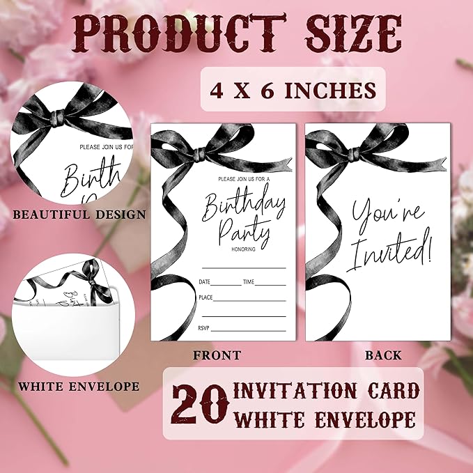 SIXEIGHT Black Bow Birthday Invitations, 20 Party Invitations - Image 2