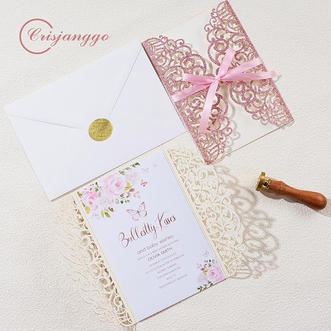 25pcs Glitter Laser Cut Wedding Invitation Kits Pink Personalized Invitation - Image 4