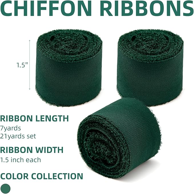 3 Rolls Dark Green Handmade Chiffon Ribbon, 1.5" x 21Yd Frayed Fringe Silk - Image 2