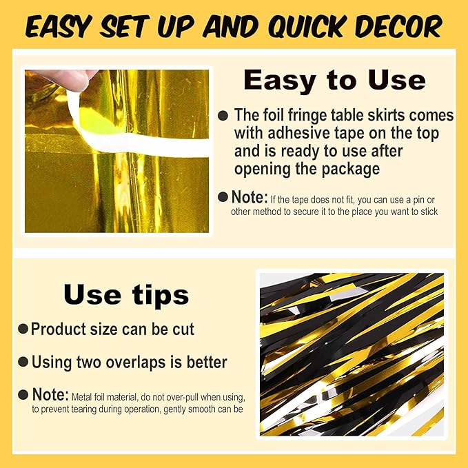 3 Pack 29 x108 Inch Black and Gold Foil Fringe Table Skirts Metallic Banner - Image 2