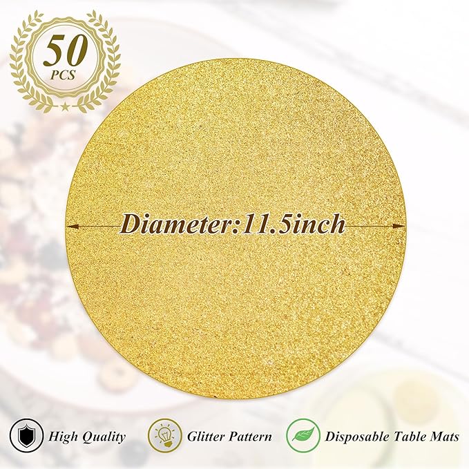 50 Pieces Gold Glitter Paper Place Mats Sparkle Round Disposable Table Mats - Image 2