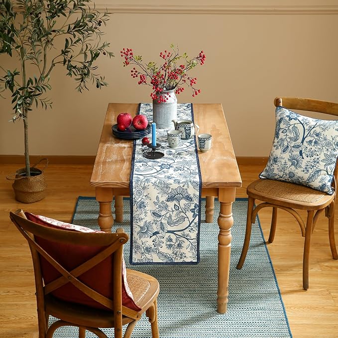 ISAENNE Designer Chinoiserie Elegant Linen Table Runner 87 Inches Long - Image 8
