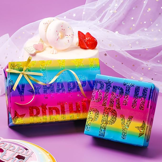 LeZakaa Holographic Birthday Wrapping Paper Roll, Happy Birthday Lettering - Image 4