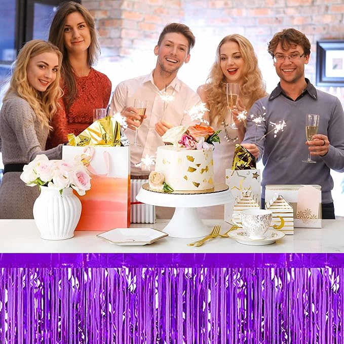3 Pack 29 x108 Inch Purple Foil Fringe Table Skirts Metallic Banner - Image 4
