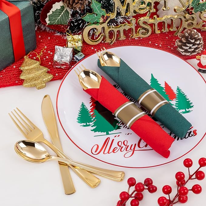 Supernal 240pcs Christmas Rolled Plastic Silverware, Wrapped Plastic Cutlery Set - Image 3