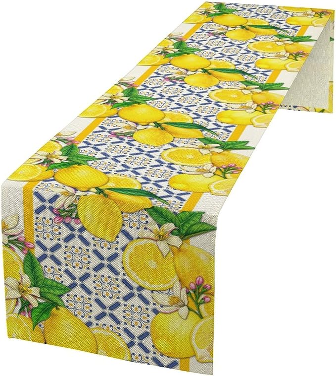 Lemon Table Runner, Spring Summer Seasonal Yellow Blue Table Runner by Unknown