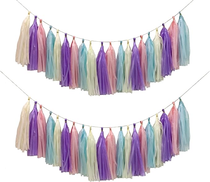Pastel Rainbow Colorful Tissue Paper Tassel Garland, Tissue Tassel Banner by YESON