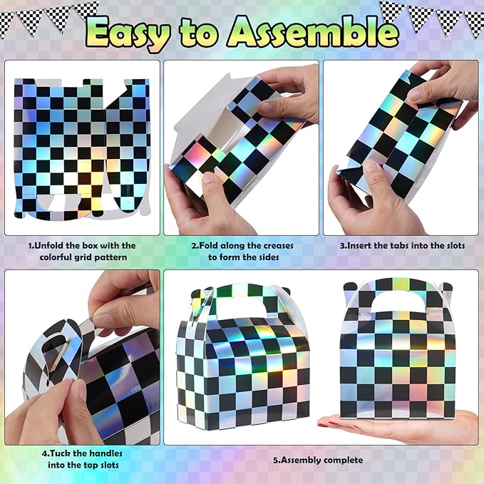 24 Pcs Iridescent Checkered Race Car Party Favor Gable Boxes, Paper Black and - Image 3