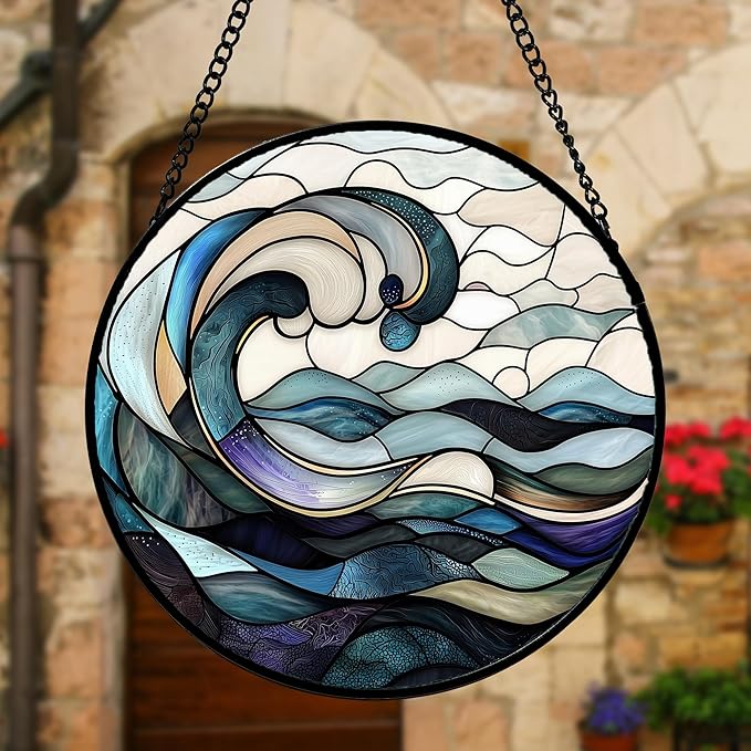 Stained Glass Window Hanging, Ocean Waves Sun Catchers Diamond Glass Panel - Image 4