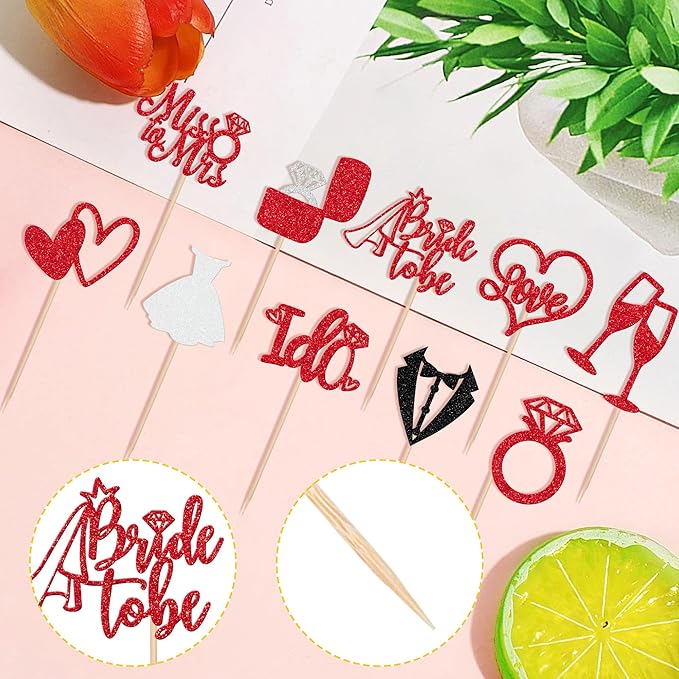30 PCS Bride to Be Cupcake Toppers Glitter Miss to Mrs I Do Love Heart Ring - Image 3
