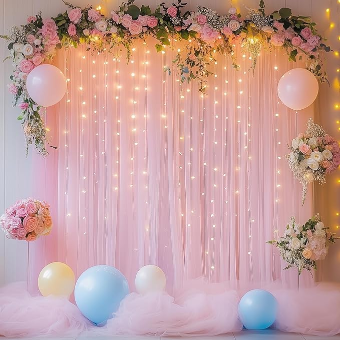 Tulle Backdrop Curtain with Lights String 10FT X 8FT Pink Sheer Tulle Backdrop - Image 6