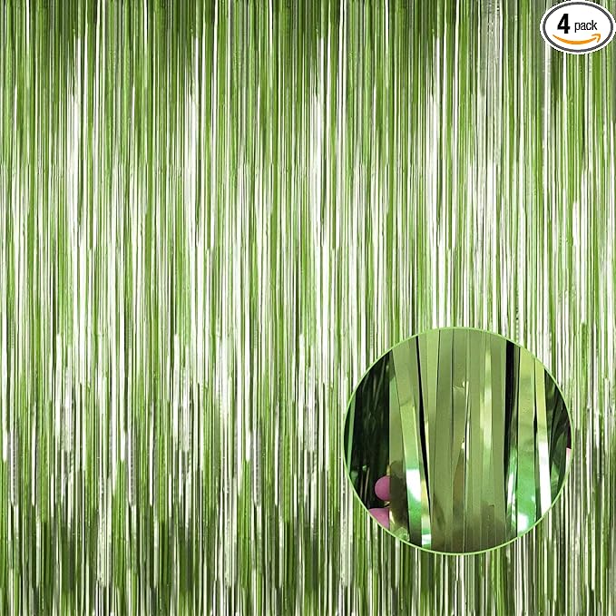 4 Pack Light Green Foil Fringe Curtain Backdrop, 3.28Ft x 8.2Ft Metallic Tinsel by Unknown