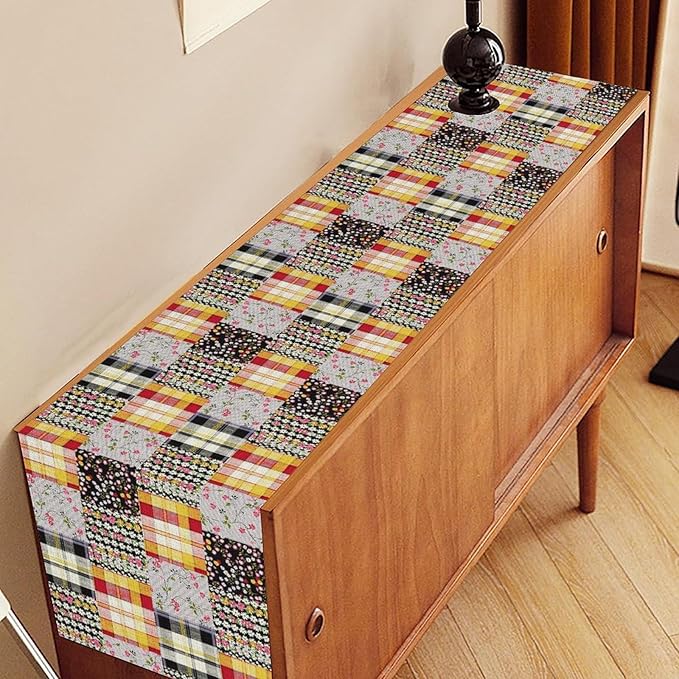 Patchwork Table Runner, Boho Vintage Floral Checkered Plaid Bohemian Paisley - Image 2