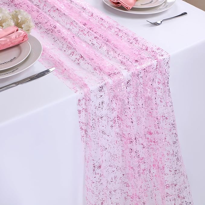 Snowkingdom 10 FT Pink Table Runner, Sequin Glitter Sheer Chiffon Gauze - Image 2