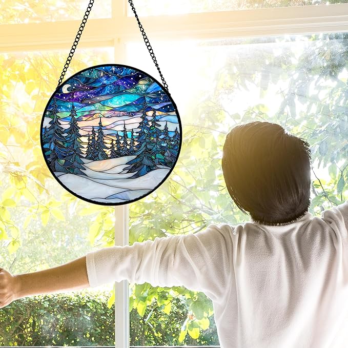 Stained Glass Window Hanging, Starry Sky Trees and Snow Sun Catchers Glass - Image 3