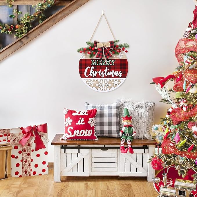 CHDITB 3D Merry Christmas Front Door Sign Wreath, Rustic Farmhouse Xmas Decor - Image 4