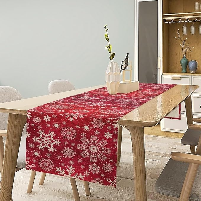 Snowflakes Christmas Table Runner, Winter Holiday Red Table Cloth Kitchen - Image 2