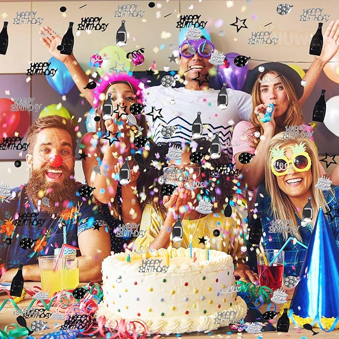 VHUWE Happy Birthday Confetti, 1.6 oz Black Silver Cake Balloon Star Goblet - Image 6