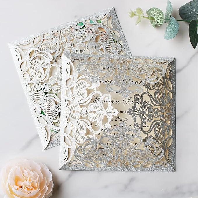 Hosmsua 50PCS Personalized Silver Glitter Laser Cut Wedding Invitation Cards - Image 3