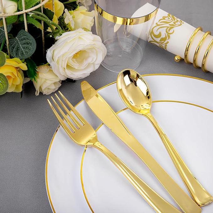 Supernal 350pcs White and Gold Plastic Plates, 150 Gold Silverware Set - Image 3