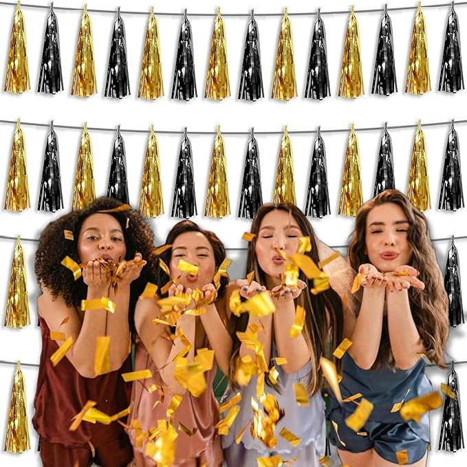 4P Black Gold Foil Fringe Tassel Banner Garland Metallic Tinsel Streamers Wall - Image 6