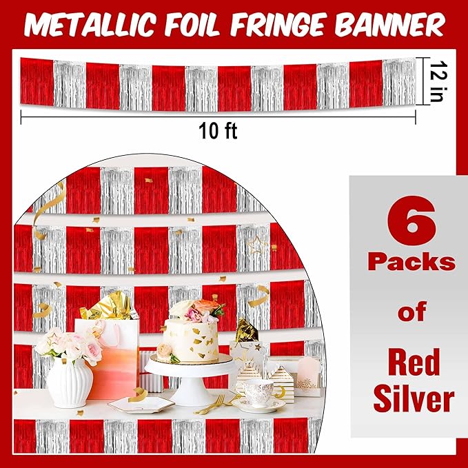 6 Pack 10 Feet Red and Silver Tinsel Foil Fringe Garland, Metallic Streamers - Image 2