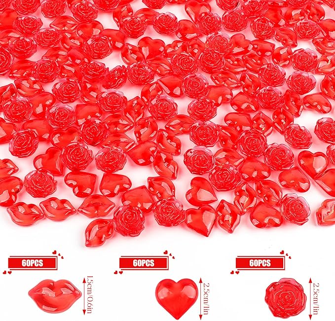 Fangoo 180PCS Red Acrylic Heart Ornaments Mini Acrylic Heart Rose Flower Lips - Image 2