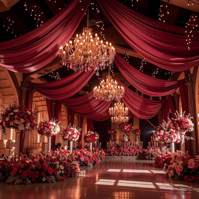 Wedding Arch Draping Fabric, 2 Panels 18FT Burgundy Sheer Backdrop Curtain - Image 6