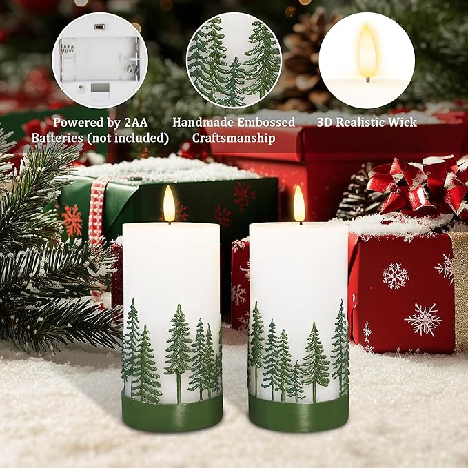 Silverstro Holiday Flameless Candles Green Hand Drawn Christmas Tree Design - Image 6