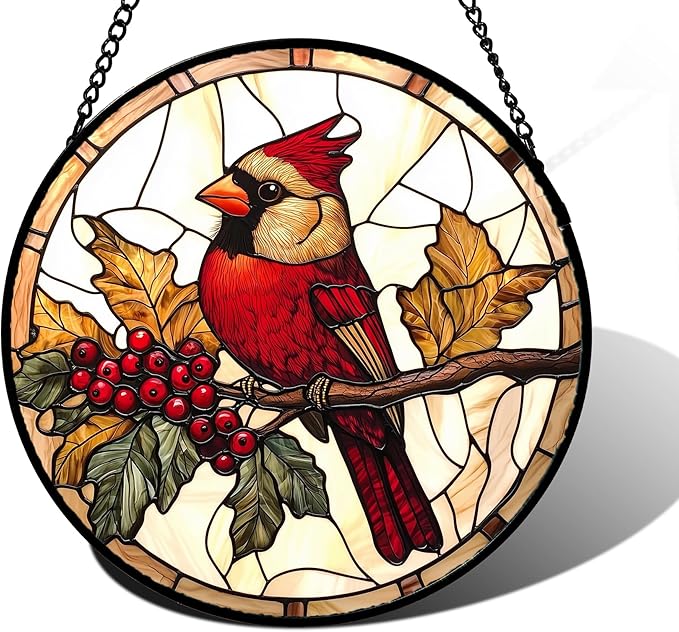 Stained Glass Window Hanging, Birds on a Branch Cardinal Sun Catchers Diamond by DASTOLL