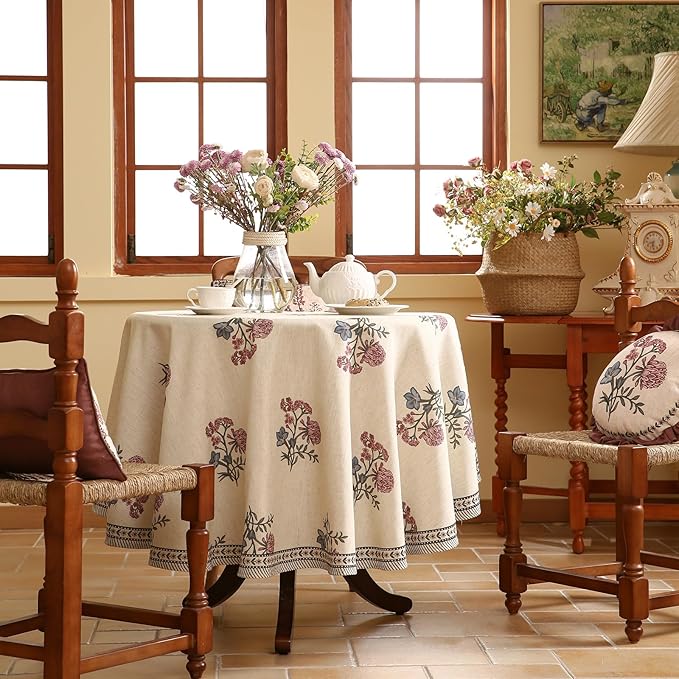 ISAENNE Designer Linen Light Beige Small Round Tablecloth, French Colorful - Image 2