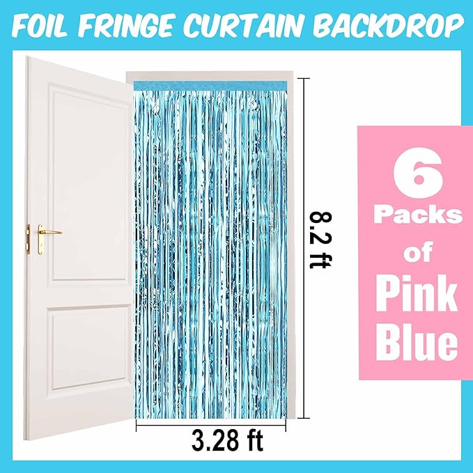 6 Pack Pink Blue Foil Fringe Curtains Backdrop, 3.28 x 8.2 Ft Metallic - Image 2