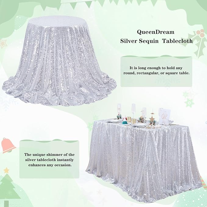 QueenDream Sequin Tablecloth 60x102 Inch Silver Tablecloth Christmas Glitter - Image 5