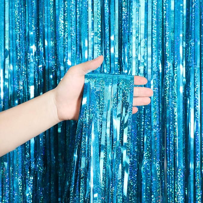 Melsan 2 Pack 3.2 ft x 8.2 ft Teal Tinsel Foil Fringe Curtains Backdrop - Image 2