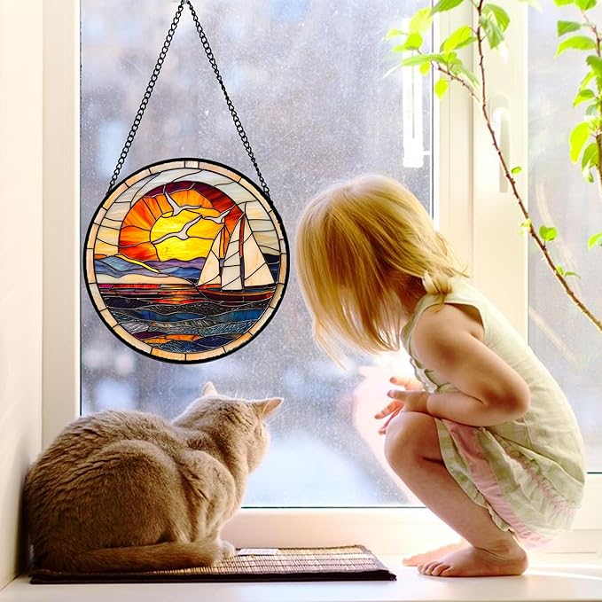 Stained Glass Window Hanging, Sun Ocean Sailboat Seagull Abstract Suncatcher - Image 2