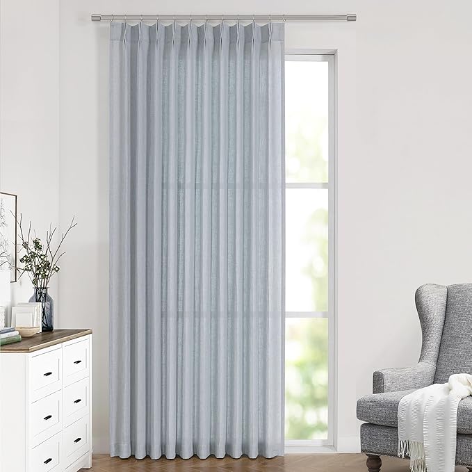 Vision Home Blue Grey Pinch Pleated Semi Sheer Curtains Textured Linen Blended by VisionHome