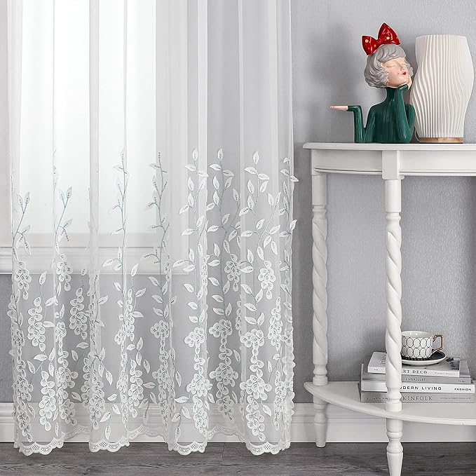 VISIONTEX White Sheer Voile Curtains, Decorative White Embossed Leaves Rod - Image 5