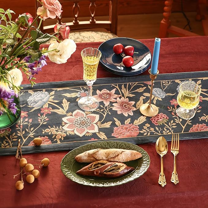 patdrea Designer Vintage Black Floral Extra Long Velvet Table Runner 118 Inch - Image 3